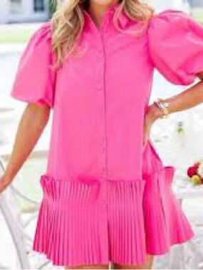 AUREUM Bright Pink Puff-Sleeve Pleated Hem Button Dress